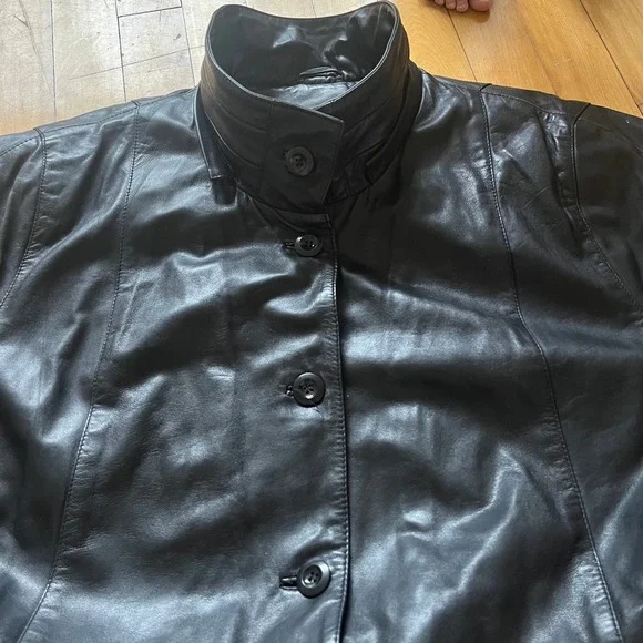 Pelle & Fino Womens Black Leather Button Up Collar Jacket Coat - Picture 7 of 9
